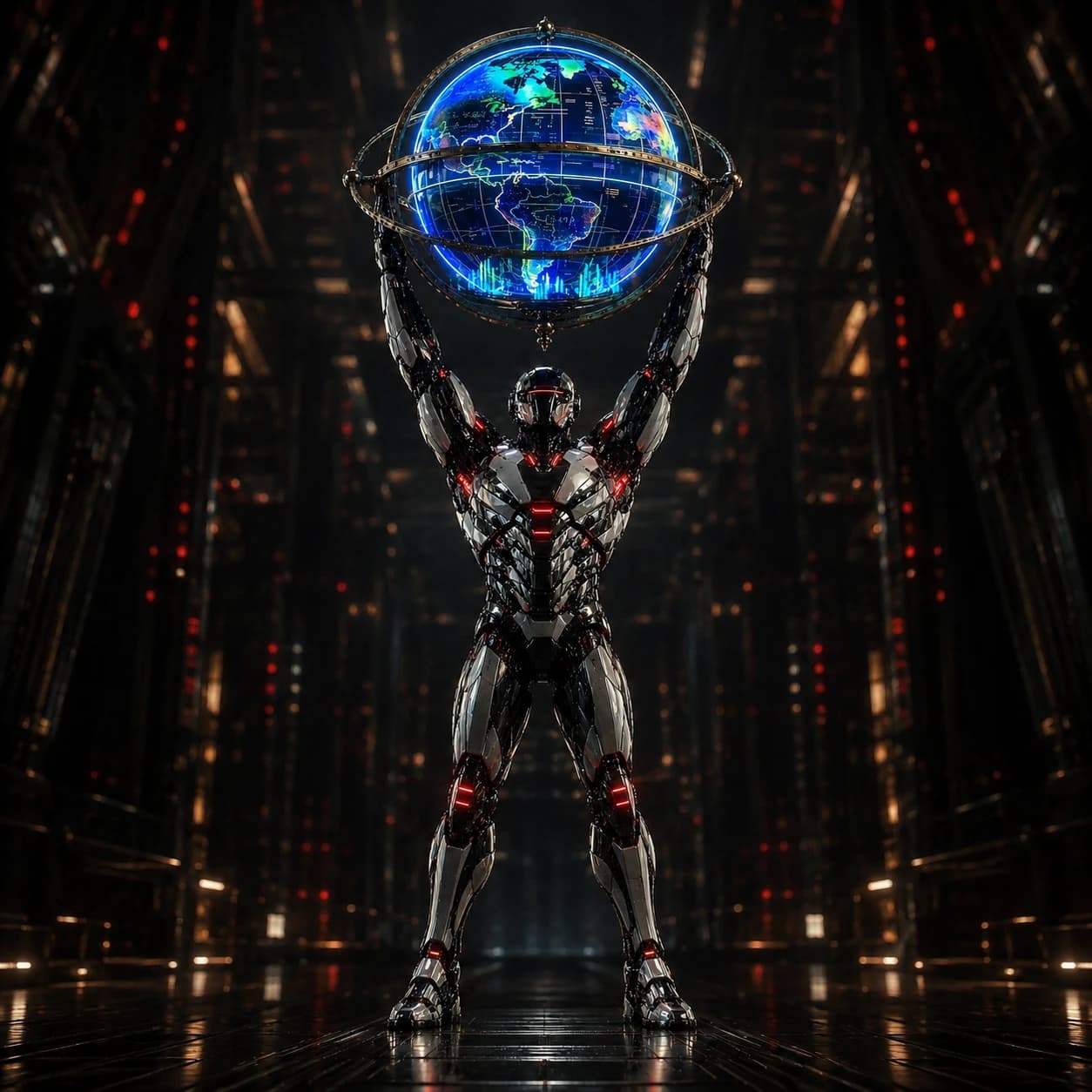 Atlas raising holographic globe — global agent routing